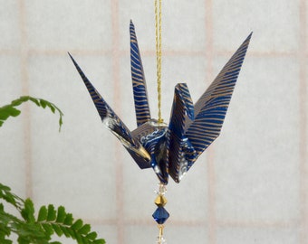 Origami Crane Suncatcher - large - blue Japanese paper, waves, peace crane, 1st yr anniversary, varnished, gold string Swarovski crystals