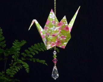 Origami Crane Suncatcher - large - green Japanese paper, peace crane, 1st yr anniversary, varnished, gold string Swarovski crystals