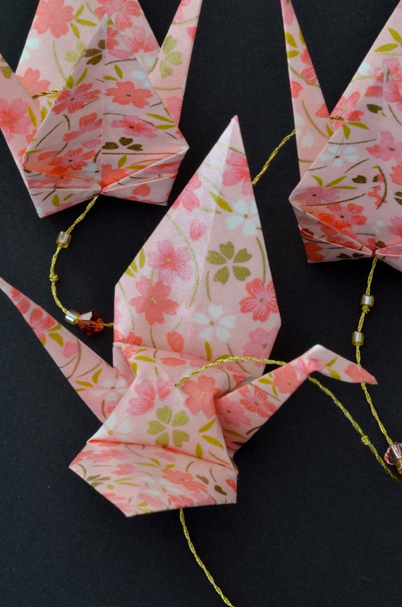 Origami Crane String Mobile Salmon Pink Japanese Paper With Flowers Peace Crane Strung On A Gold String With Swarovski Crystals
