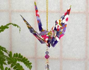 Origami Crane Suncatcher - large - Japanese paper, colorful flowers peace crane, 1st yr anniversary varnished gold string Swarovski crystals