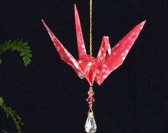 Origami Crane Suncatcher - large - pink Japanese paper, peace crane, 1st yr anniversary, birthday, varnished, gold string Swarovski crystals