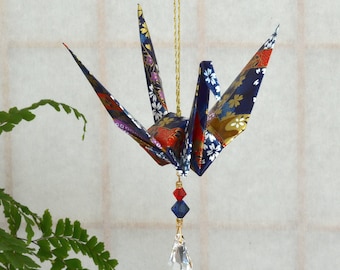Origami Crane Suncatcher - large - blue Japanese paper, peace crane, 1st yr anniversary, birthday, varnished, gold string Swarovski crystals