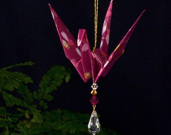 Origami Crane Suncatcher - large - mauveJapanese paper, petals, peace crane, 1st yr anniversary, varnished, gold string, Swarovski crystals