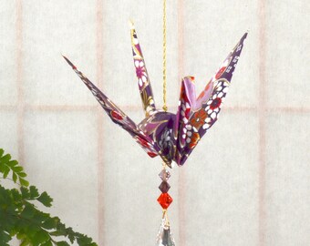 Origami Crane Suncatcher - large - purple Japanese paper, flowers, peace crane 1st yr anniversary, varnished, gold string Swarovski crystals