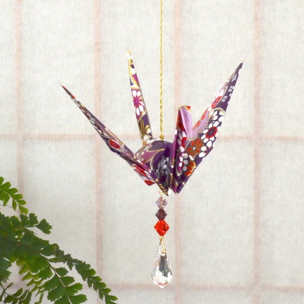 Origami Crane Suncatcher - large - purple Japanese paper, flowers, peace crane 1st yr anniversary, varnished, gold string Swarovski crystals