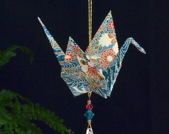 Origami Crane Suncatcher - large - teal Japanese paper, peace crane, 1st yr anniversary, birthday, varnished, gold string Swarovski crystals