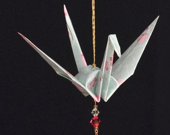 Origami Crane Suncatcher - large - mint colored Japanese paper, peace crane, 1st yr anniversary, varnished, gold string Swarovski crystals