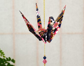 Origami Crane Hanging Ornament - navy Japanese paper pink flowers peace crane 1st year anniversary varnished gold string Swarovski crystals