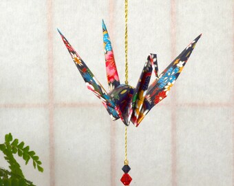 Origami Crane Hanging Ornament - navy blue Japanese paper, flowers peace crane 1st year anniversary varnished gold string Swarovski crystals