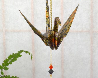 Origami Crane Hanging Ornament - black Japanese paper, 1st yr anniversary, Mother's Day, birthday, varnished gold string Swarovski crystals