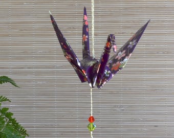 Origami Crane Hanging Ornament - eggplant Japanese paper, peace crane, 1st anniversary gift, varnished, gold string w/ Swarovski crystals