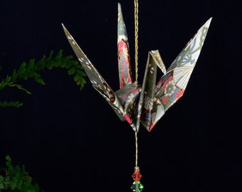 Origami Crane Hanging Ornament - moss green Japanese paper, 1st yr anniversary Mother's Day, b'day, varnished gold string Swarovski crystals