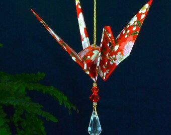 Origami Crane Suncatcher - large - red Japanese paper w/ flowers, peace crane, 1st yr anniversary, varnished, gold string Swarovski crystals