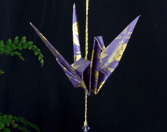 Origami Crane Hanging Ornament - light purple Japanese paper, peace crane, gold flowers, zen, varnished, gold string with Swarovski crystals