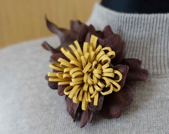 Brown leather brooch. Boho flower brooch gift. Lithuania art.