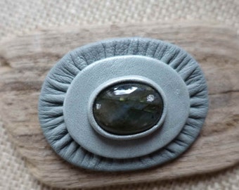 Labradorite brooch.Elegant brooch. Gothic brooch. Gray leather brooch Lithuania art