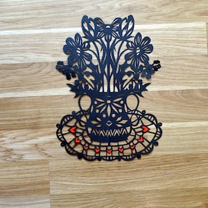 Hand Cut Paper Art: Black Floral Vase, Living Room Decor (8x12 inch)