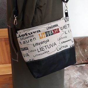 Leather and linen crossbody bag. Elegant handbag made in Lithuania