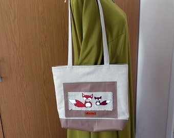 Leather and Linen shoulder bag Fox tote bag made in Lithuania
