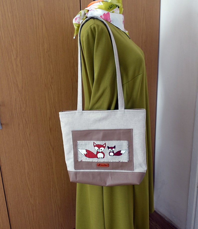 Leather and Linen shoulder bag Fox tote bag made in Lithuania image 1