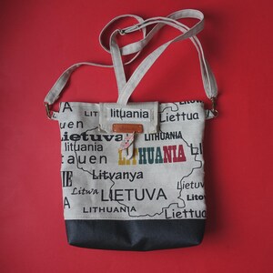 Leather and linen crossbody bag.