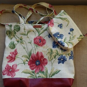 Floral Linen Tote Bag Set: Handmade Leather Shoulder Bag & Cosmetic Purse