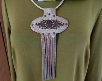 Gold Leather fringe pendant necklace. Boho tassel necklace Lithuanian jewelry