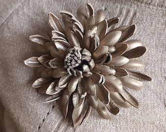 Gold leather brooch.Gold flower brooch.Wedding brooch