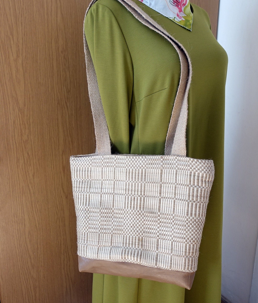 Linen Handwoven Bag.leather and Linen Tote Bag. Beige Made in Lithuania