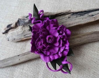 Purple flower Leather stylish elegant brooch for women.