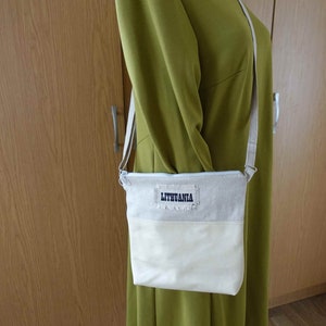 Linen Crossbody Bag: Beige Leather Travel Purse, Handmade in Lithuania