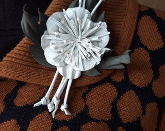 Wedding white brooch.White leather brooch. Flower brooch for dress.