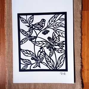 Papercut art birds picture. Original paper cut out art.