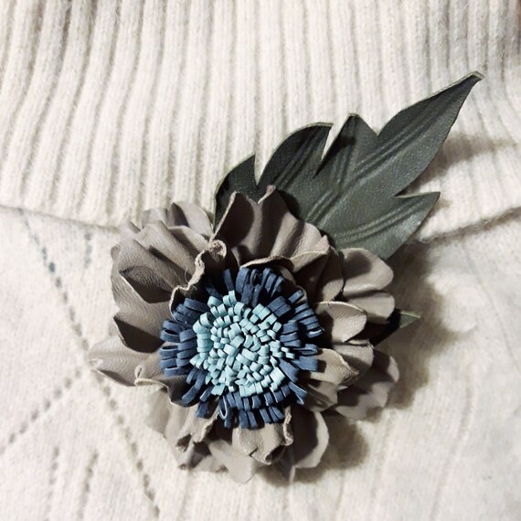Gray Flower Brooch. Blue Leather Brooch. Elegant Brooch. Lithuania