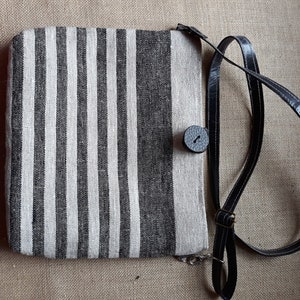 Natural linen bag. Striped linen small cross body bag. Elegant handbag