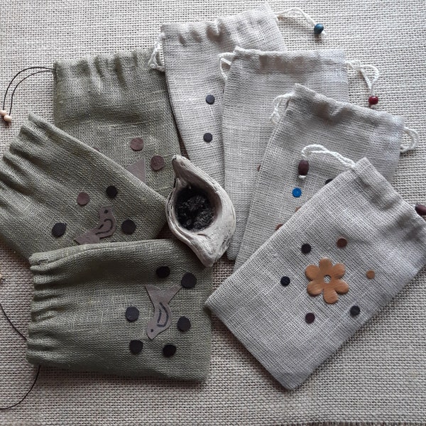 7 Natural linen bags for gift. Small Linen pouches for jewelry. Linen favor sachets set of gift bags