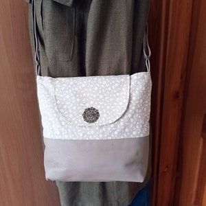 Gray Linen Crossbody Bag: Leather Travel Purse, Floral Accent
