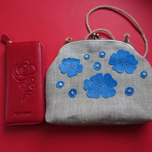 Gray Linen Crossbody Bag: Handmade Leather Flower Handbag