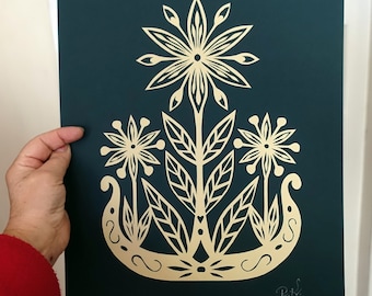 Handgeschnittener Papierschnitt Volkskunst: Litauisches Blumenmuster (A3 Ungerahmt)