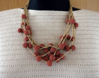 Brown lava beads linen cord necklace.Boho fiber linen necklace Lithuanian jewelry.