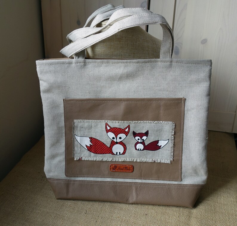 Leather and Linen shoulder bag Fox tote bag made in Lithuania image 3