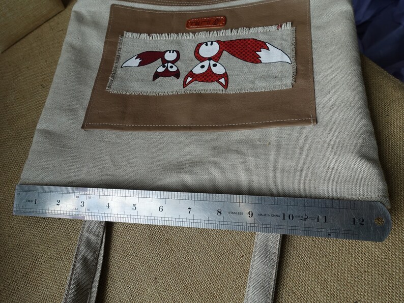 Leather and Linen shoulder bag Fox tote bag made in Lithuania image 8