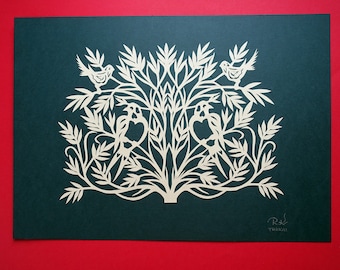 Handgeschnittene Papierkunst: Botanisches Vogelbild, litauische Volkskunst
