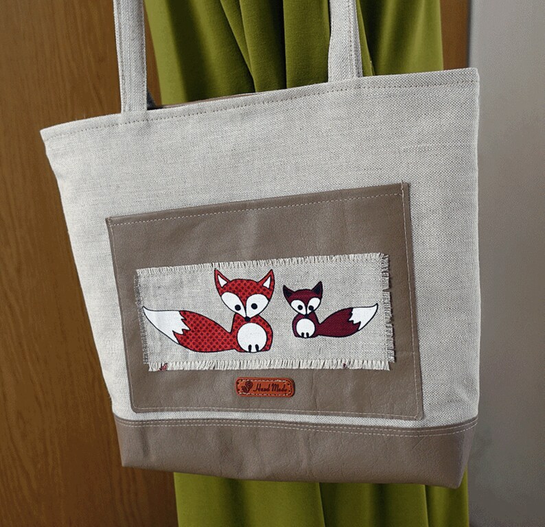 Leather and Linen shoulder bag Fox tote bag made in Lithuania image 2