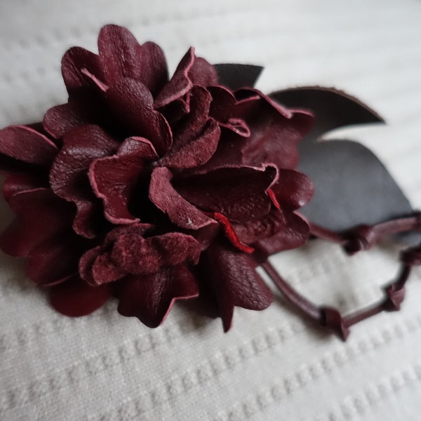 Leather Dark Red Flower Brooch. Handmade casual brooch. Fits on outerwear