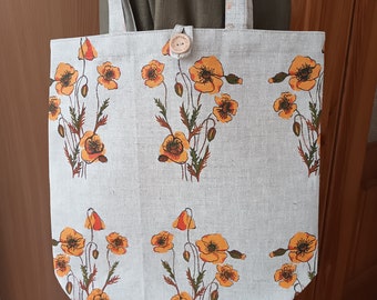 Poppies Linen tote bag. Linen shopping bag made in Lithuania