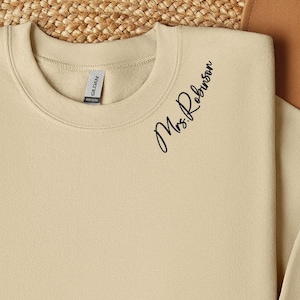 Custom Mrs. Embroidered Sweatshirt, Date On Sleeve, Name On Neckline, Wife Shirt, Future Mrs Sweatshirt, Engagement Gift, Bride Gift