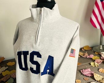 USA Embroidered Quarter Zip Sweatshirt, Retro Vintage USA Flag, USA Pride Patriotic Semiquincentennial Gift