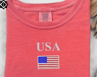 Comfort Colors US Flag Patriotic T-Shirt, Embroidered USA Flag July 4th Shirt, United States of America Shirt