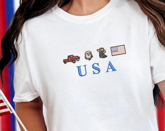 America Patriot T-Shirt July 4th USA Embroidery Crewneck with Cowboy Boots, Hat, Truck & Eagle Flag